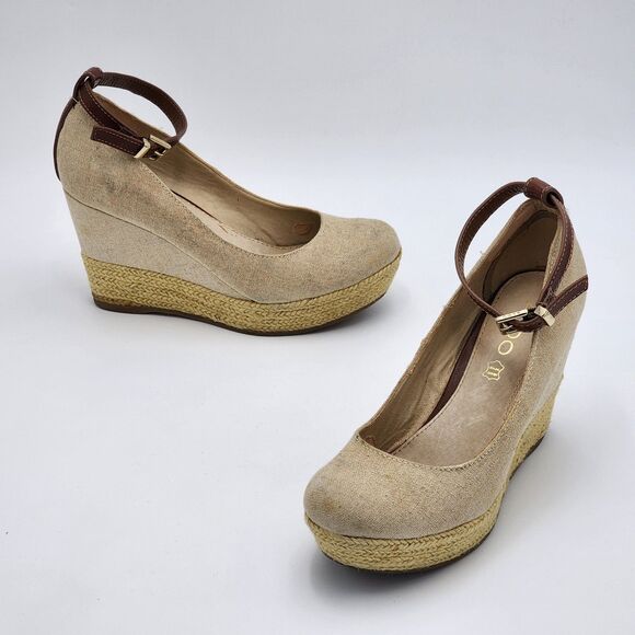 Aldo Natural Canvas Ankle Strap Wedge Heels Size 8.5 - Picture 1 of 10
